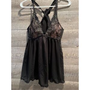 Victorias Secret Black Sequence Bow Lace Babydoll Size 34D